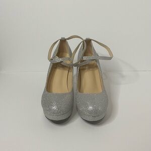 Fereshte Silver Sparkle Ankle Strap Platform Heels - Size 10